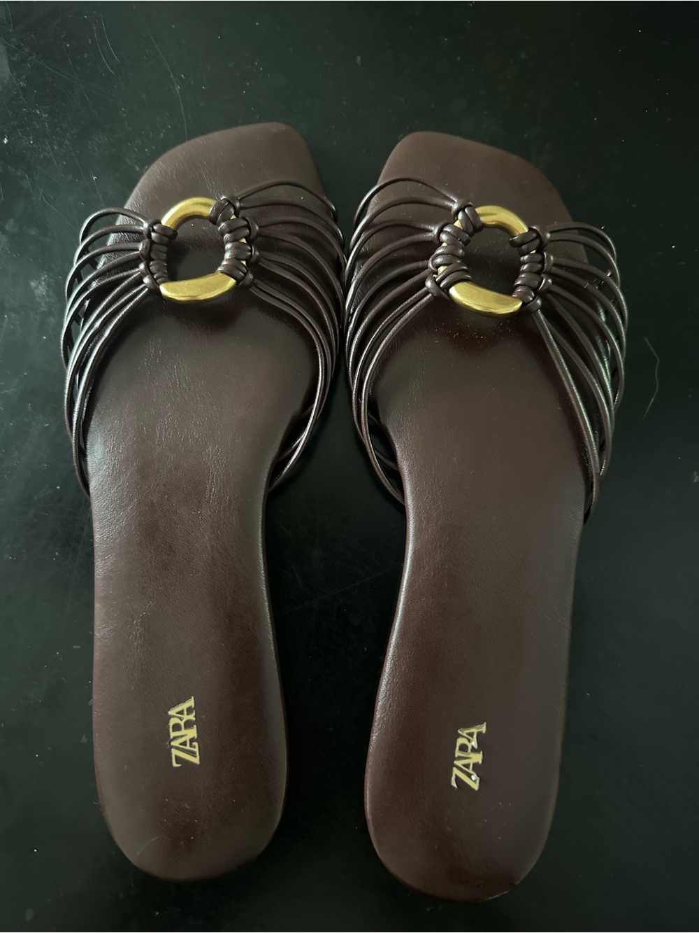 ZARA Dark Brown Strappy Slide Sandals with Gold Ring